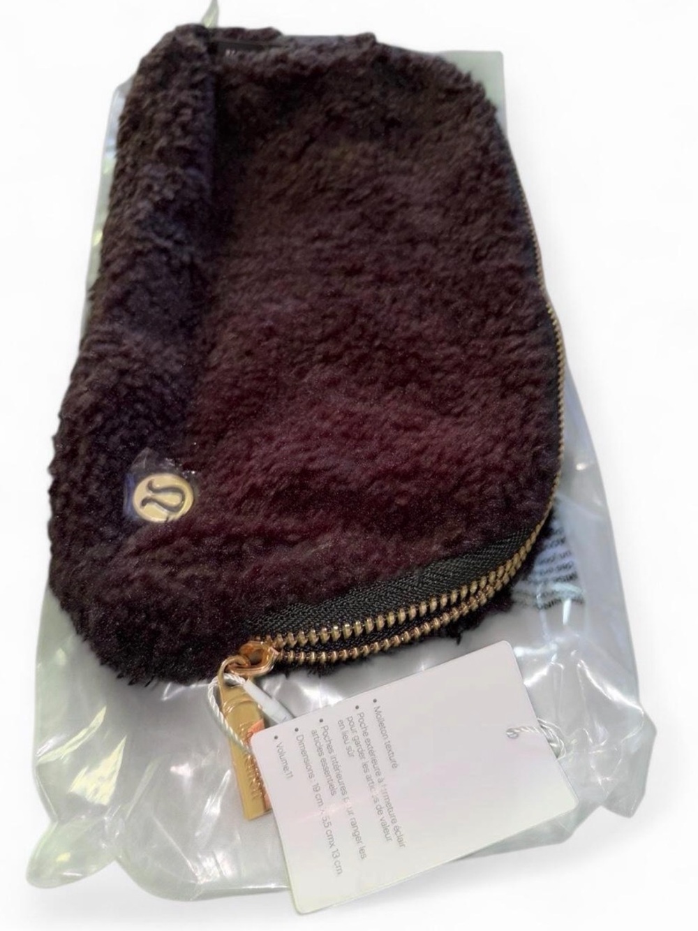 lululemon athletica Black Plush Sherpa Zip Pouch with Gold Hardware
